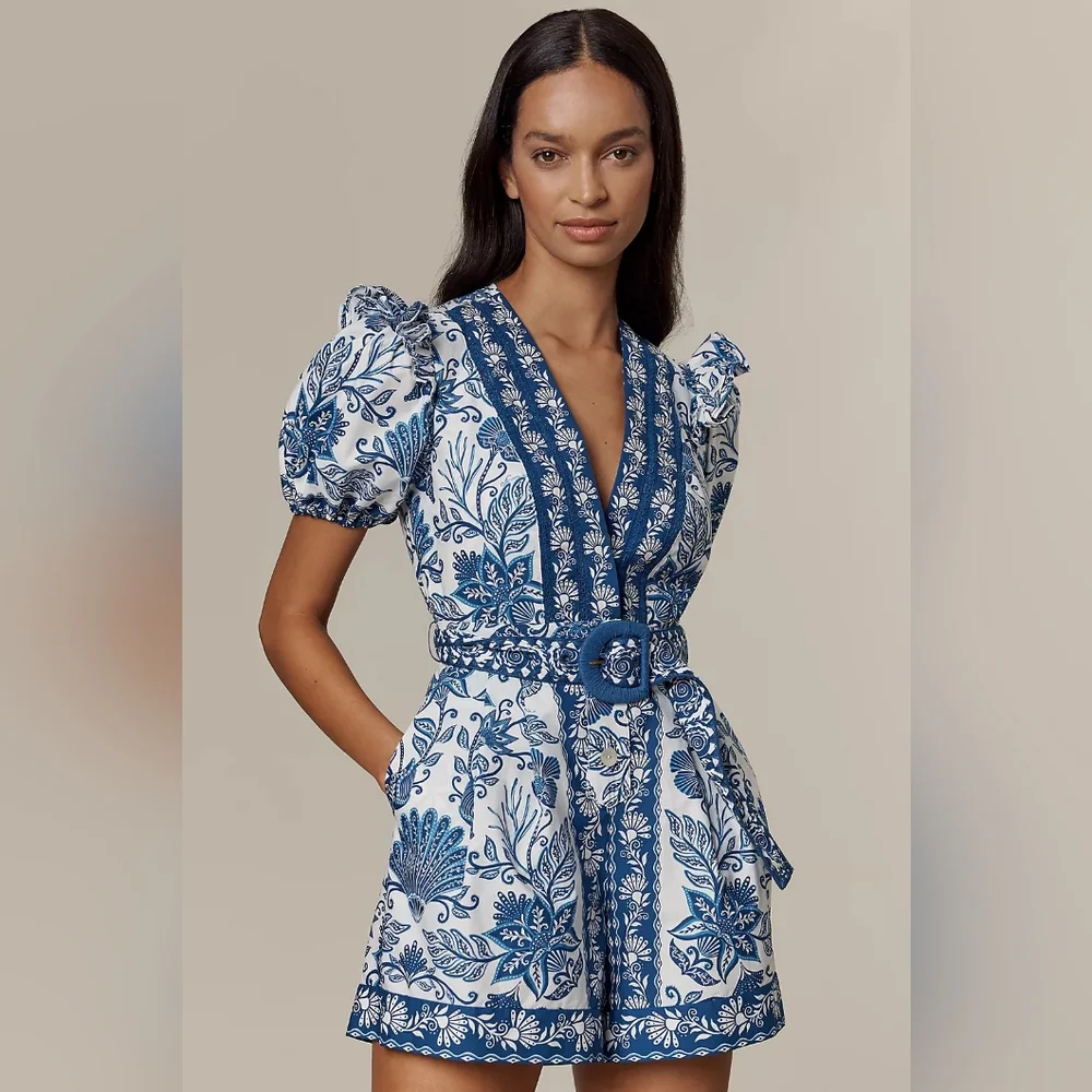 NEW FARM Rio blue & off-white shell garden 100% organic cotton Romper Size Small - Picture 1 of 13